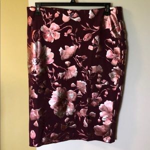 ECI Burgundy Floral Pencil Skirt with Pink Metallic Flowers